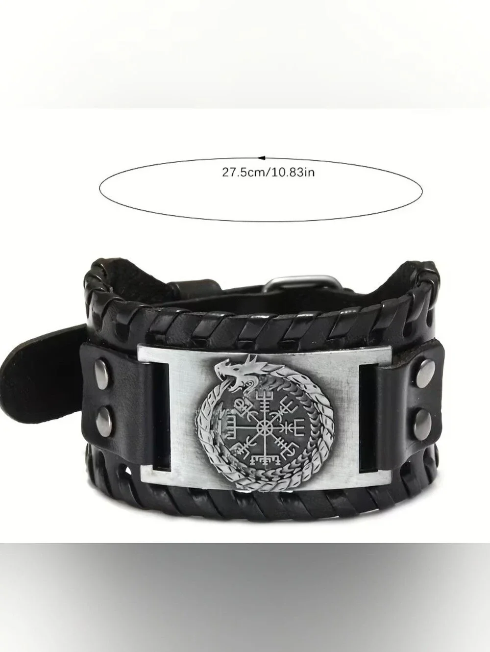 Black Leather Braided Cuff Bracelet with Silver Ouroboros Medallion, Mens